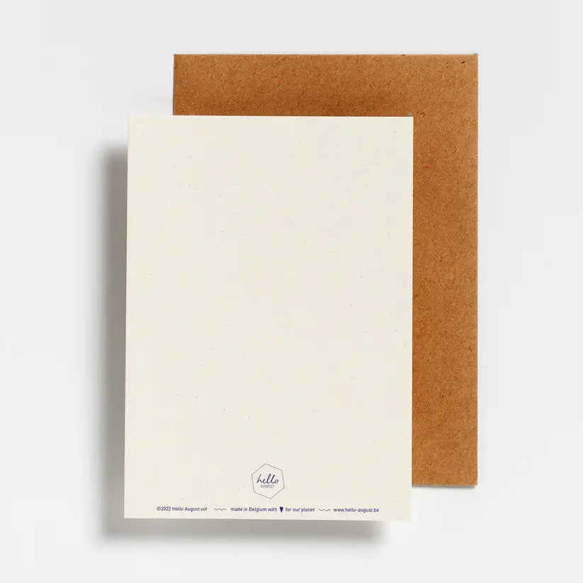 wenskaart verjaardag hond giftshop cadeauservice kinderen jongens meisjes gerecycleerd papier eco belgisch hello august achterzijde