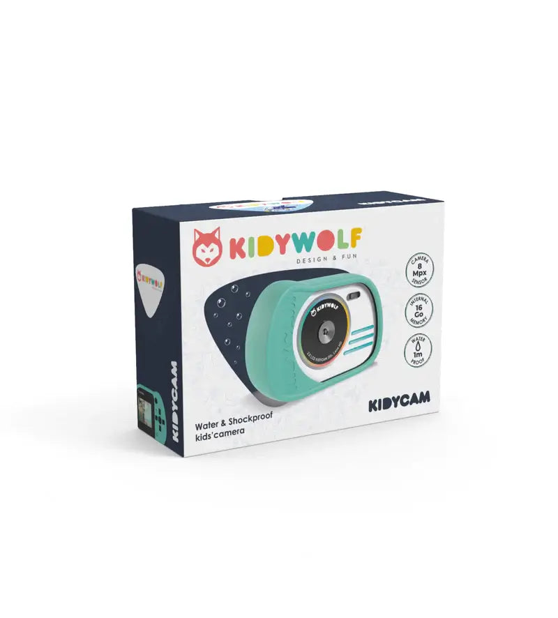 kidywolf kidycam watrproof kindercamera fototoestel kinderen cyaan blauw mint groen cadeau kind communie lenteffest verjaardag kerst nieuwjaar verpakking