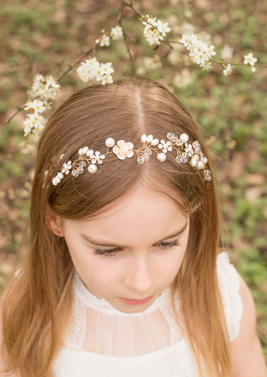 haaraccessoire communie lentefeest meisje haarband diadeem wit goud bloempjes parels vooraanzicht