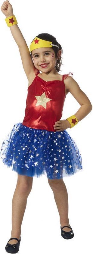 deguisement super hero petite fille Carnaval verkleden kind super girl super man verkleedjurk super girl blauw en rood met sterren hoofdband en polsbandjes