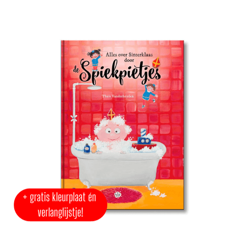 Prentenboek - Alles over Sinterklaas door de Spiekpietjes thais vanderheyden cover voorkant boek spiekpietje in bad