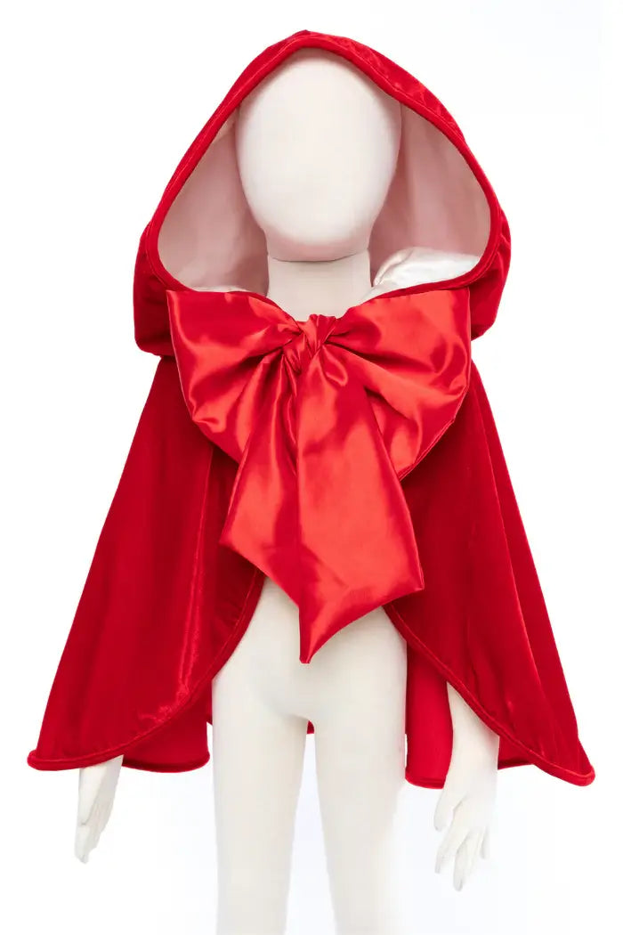 cape roodkapje fluweel satijn grote strik rood verkleedkledij meisje carnaval bos great pretenders vooraanzicht