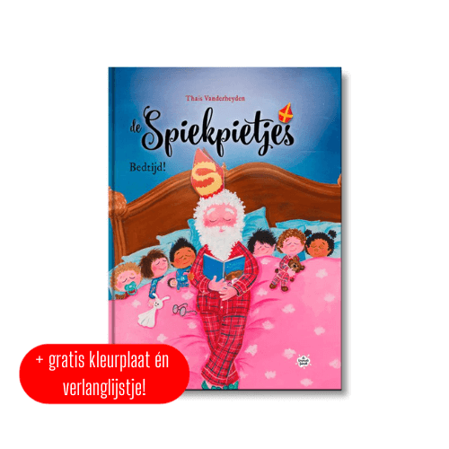 Prentenboek - De Spiekpietjes Bedtijd! -sinterklaas thais vanderheyden cover voorkant boek sinterklaas leest voor aan de spiekpietjes