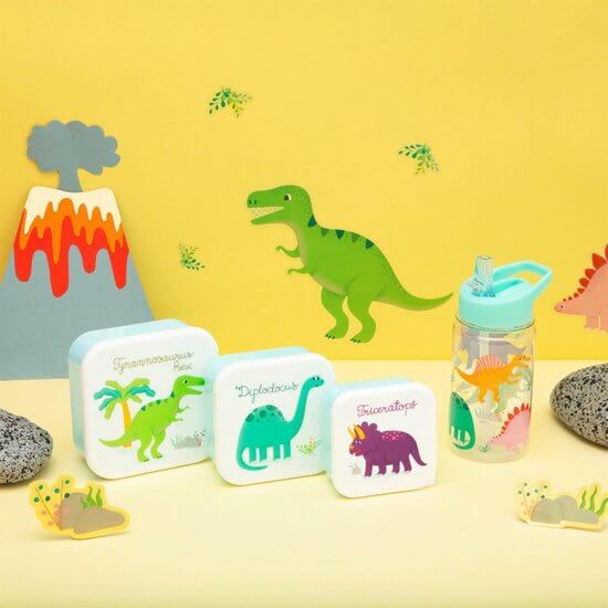 snackdoosjes set fruitdoosjes snackbox fruitbox dinosaurus in elkaar passende doosjes dino jongen tyrannosaurus diplodocus triceratops benodigdheden kleuterklas sfeerfoto