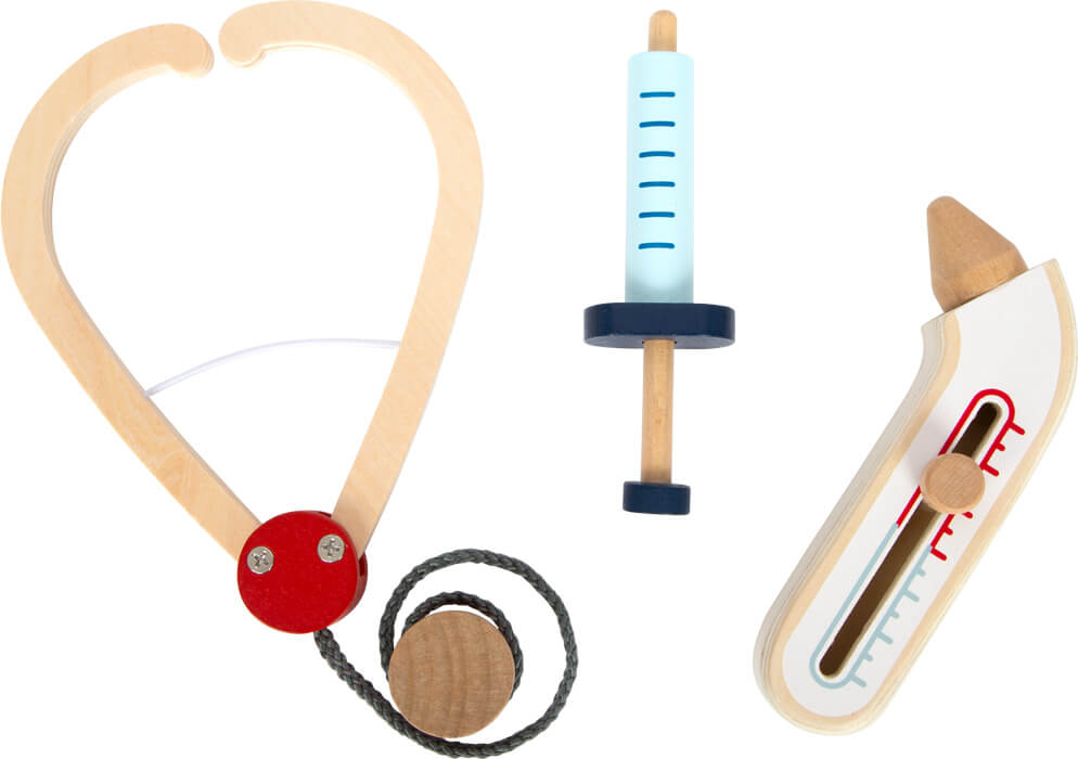 houten speelgoed rollenspel dokter stethoscoop thermometer spuitje hout kinderen vooraanzicht