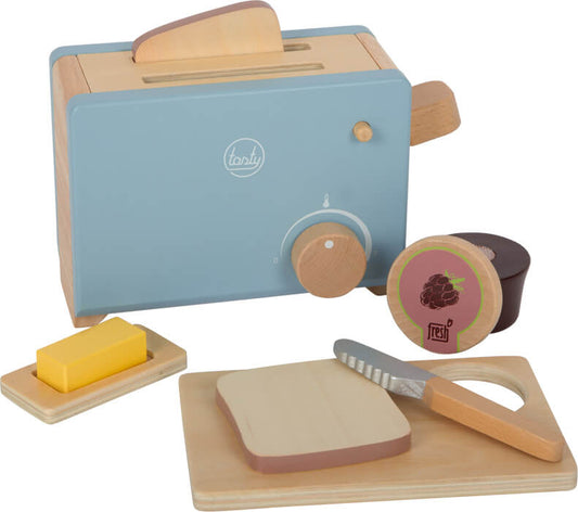 toaster broodrooster hout speelgoed retro blauw small foot vooraanzicht