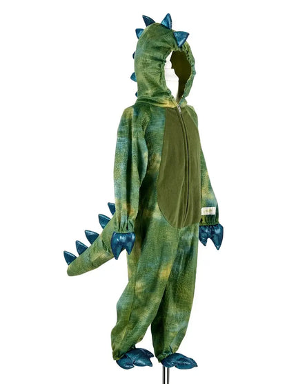 jumpsuit dino verkleedkostuum dinosaurus groen tyrannosaurus rex carnaval staart stekels poten jongen verkleedkledij kinderen souza vooraanzicht