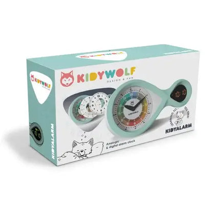 wekker kind groeit mee verwisselbare wijzerplaat kidywolf kidyalarm mint groen cyaan digitale en analoge klok ik leer de klok alarmklok kind kinderwekker enfant belgische merk kidywolf cadeau kind jongen meisje communie lentefeest verjaardag kerst nieuwjaar verpakking