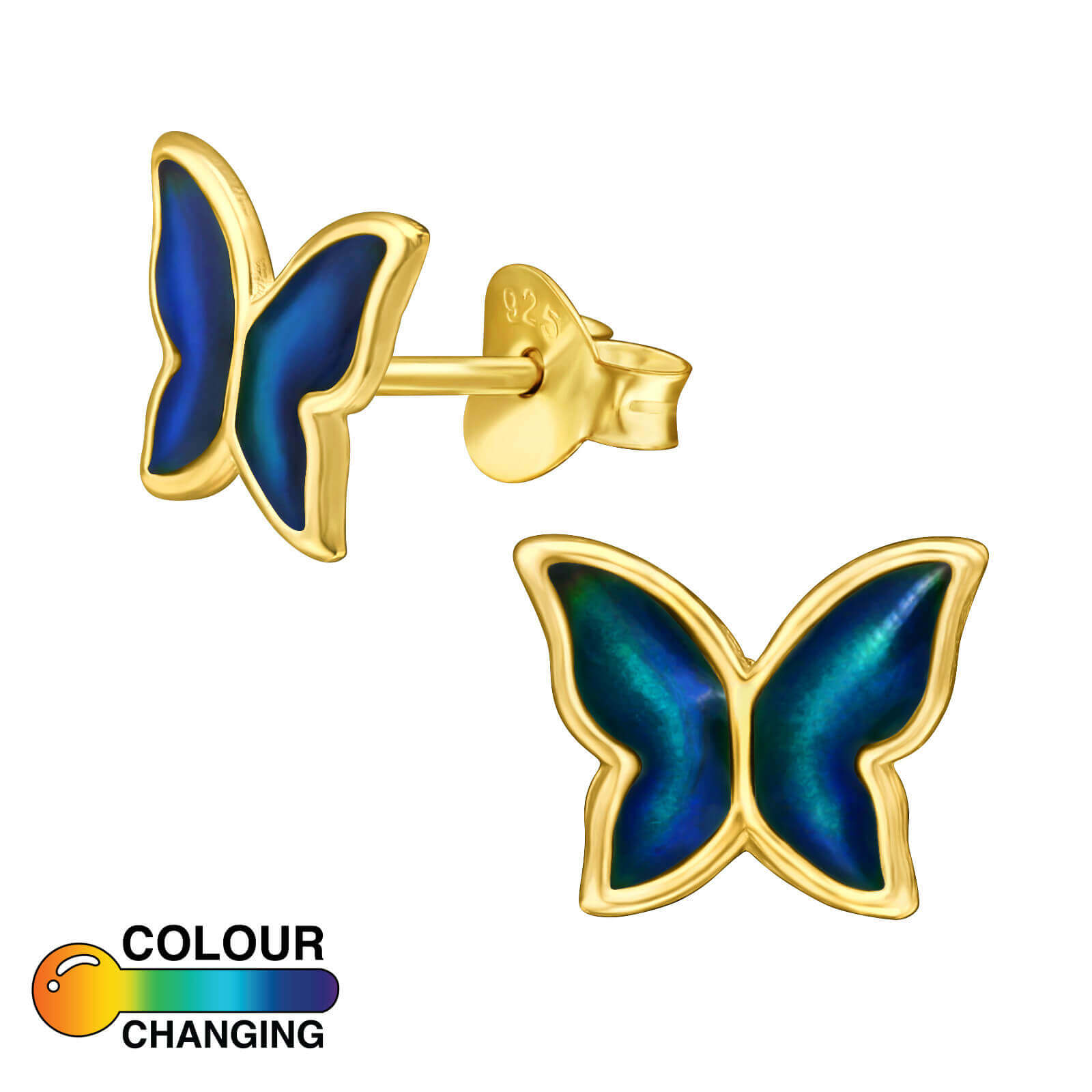 color changing earrings halfedelsteen oorknopjes vlinder kinderoorbellen goud voor- en zijnaanzicht