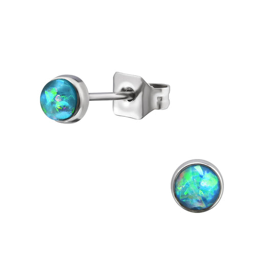 oorbellen kind meisje oorstekers oorknopjes rvs zeemeermin juwelen blauw opaal kristal rond cadeau meisje communie lentefeest verjaardag kerst voor- en zijaanzicht