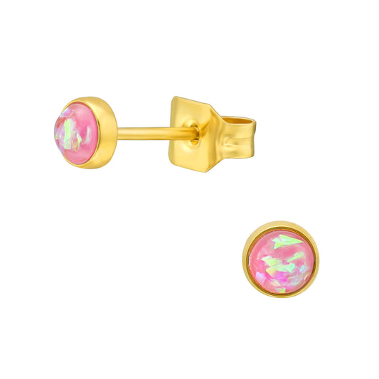 oorbellen kind meisje oorstekers oorknopjes goud roze opaal kristal rond cadeau meisje communie lentefeest verjaardag kerst voor- en zijaanzicht