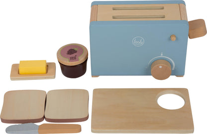 houten speelgoed duurzaam broodrooster retrolook pastelblauw small foot inhoud