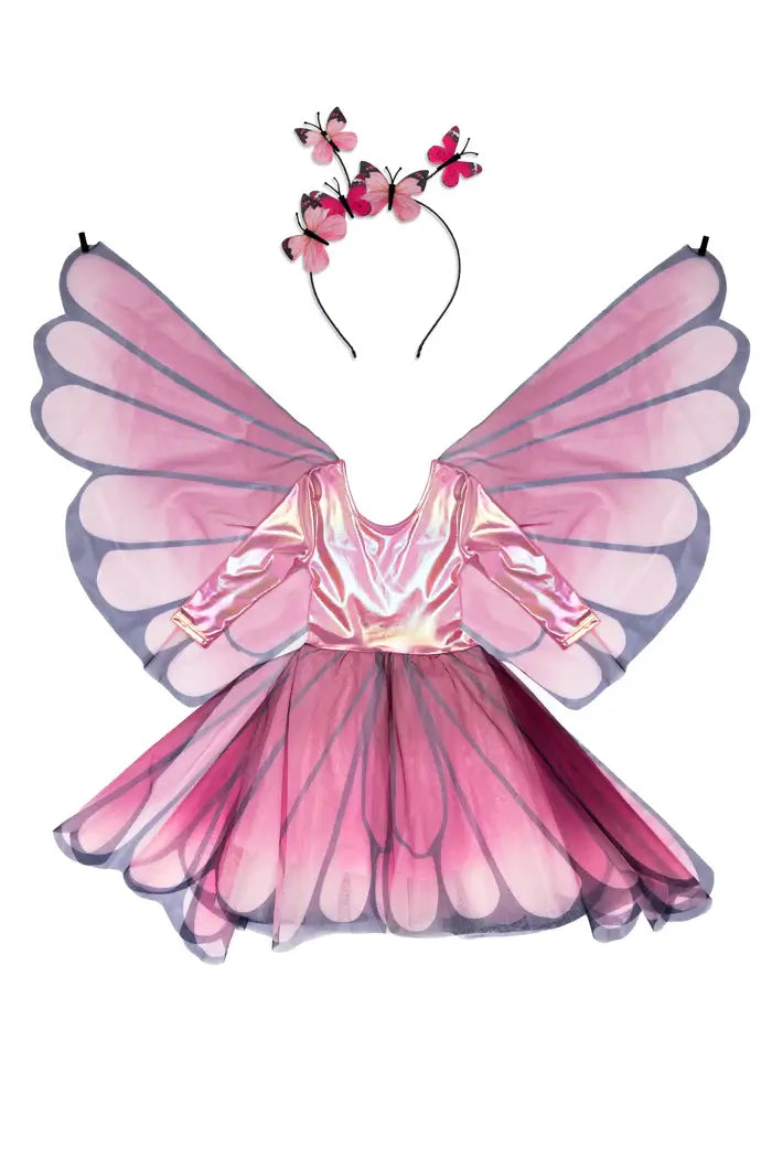 verkleedjurk vlinder fee elfje roze vleugels carnaval great pretenders verkleedkledij kinderen meisjes diadeem vlinders vooraanzicht
