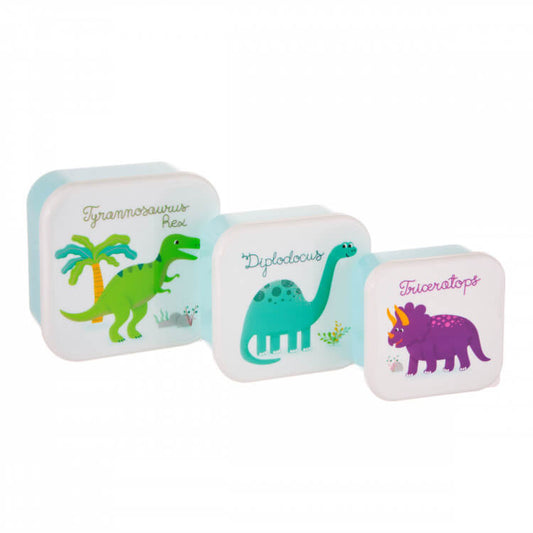 snackdoosjes set fruitdoosjes snackbox fruitbox dinosaurus  in elkaar passende doosjes dino jongen tyrannosaurus diplodocus triceratops benodigdheden kleuterklas vooraanzicht