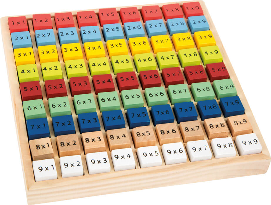 gekleurde houten blokjes om de tafels te leren leer vermenigvuldigen tafels automatiseren hout small foot vooraanzicht