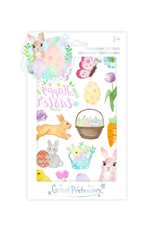 plaktattoo kinderen tijdelijke tattoo pasen easter pacque paashaas paaseieren lente konijn bloemen happy easter vooraanzicht