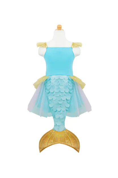 zeemeermin verkleedjurk staart met schubben goud blauw great pretenders verkleedkleedje carnaval mermalicious meisje achterzijde