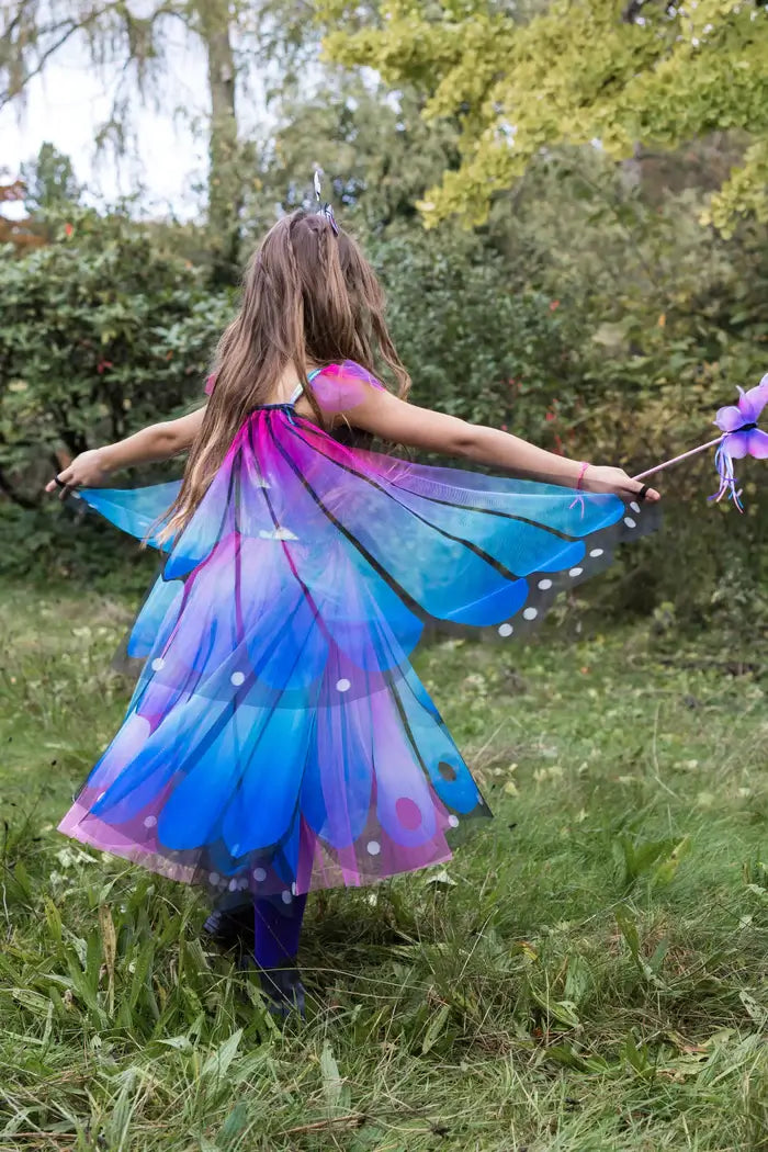 verkleedjurk carnaval meisje fee vlinder elfje vleugels blauw paars diadeem great pretenders feeenjurk verkleden kinderen detailfoto