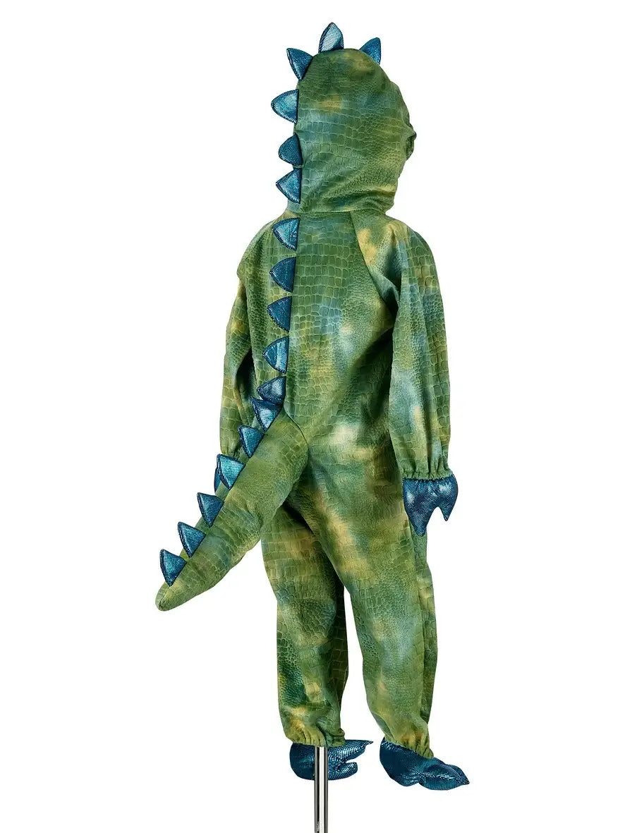 jumpsuit dino verkleedkostuum dinosaurus groen tyrannosaurus rex carnaval staart stekels poten jongen verkleedkledij kinderen souza achterzijde