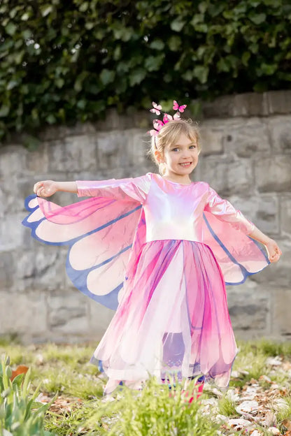 verkleedjurk vlinder fee elfje roze vleugels carnaval great pretenders verkleedkledij kinderen meisjes diadeem vlinders detailfoto