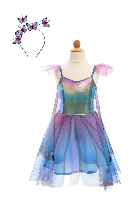 verkleedjurk carnaval meisje fee vlinder elfje vleugels blauw paars diadeem great pretenders feeenjurk verkleden kinderen vooraanzicht