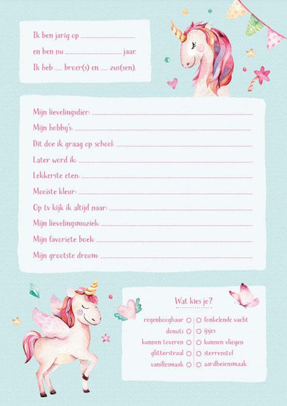 vriendenboek eenhoorns voorbeeld pagina met unicorns