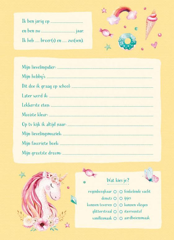 vriendenboek ik hou van eenhoorns deltas meisjes voorbeeld pagina met unicorns