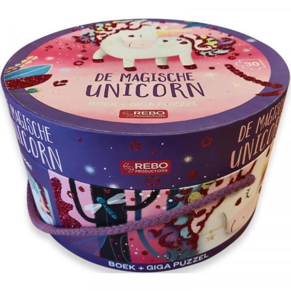 Puzzel eenhoorn De magische unicorn - 30 stukjes - verpakking ronde doos met draagriem