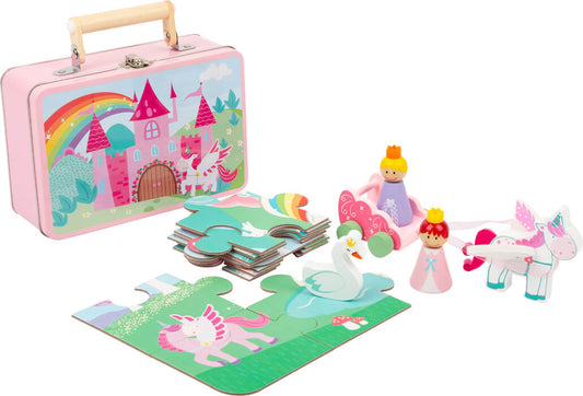 koffertje met puzzel en houten figuren eenhoorn koets prinsessen zwaan small foot vooraanzicht