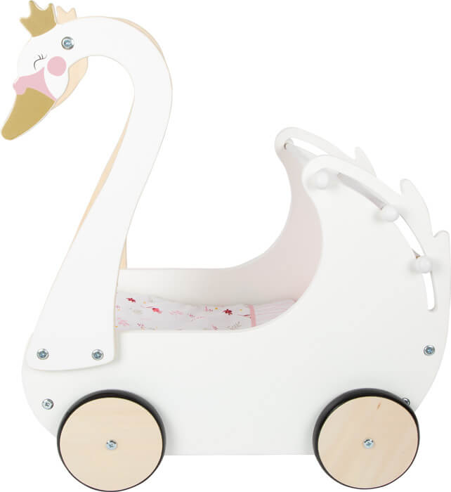 Poppenwagen hout Zwaan met beddengoed - Small Foot - witte zwaan met kroontje en roze bekleding zijaanzicht 