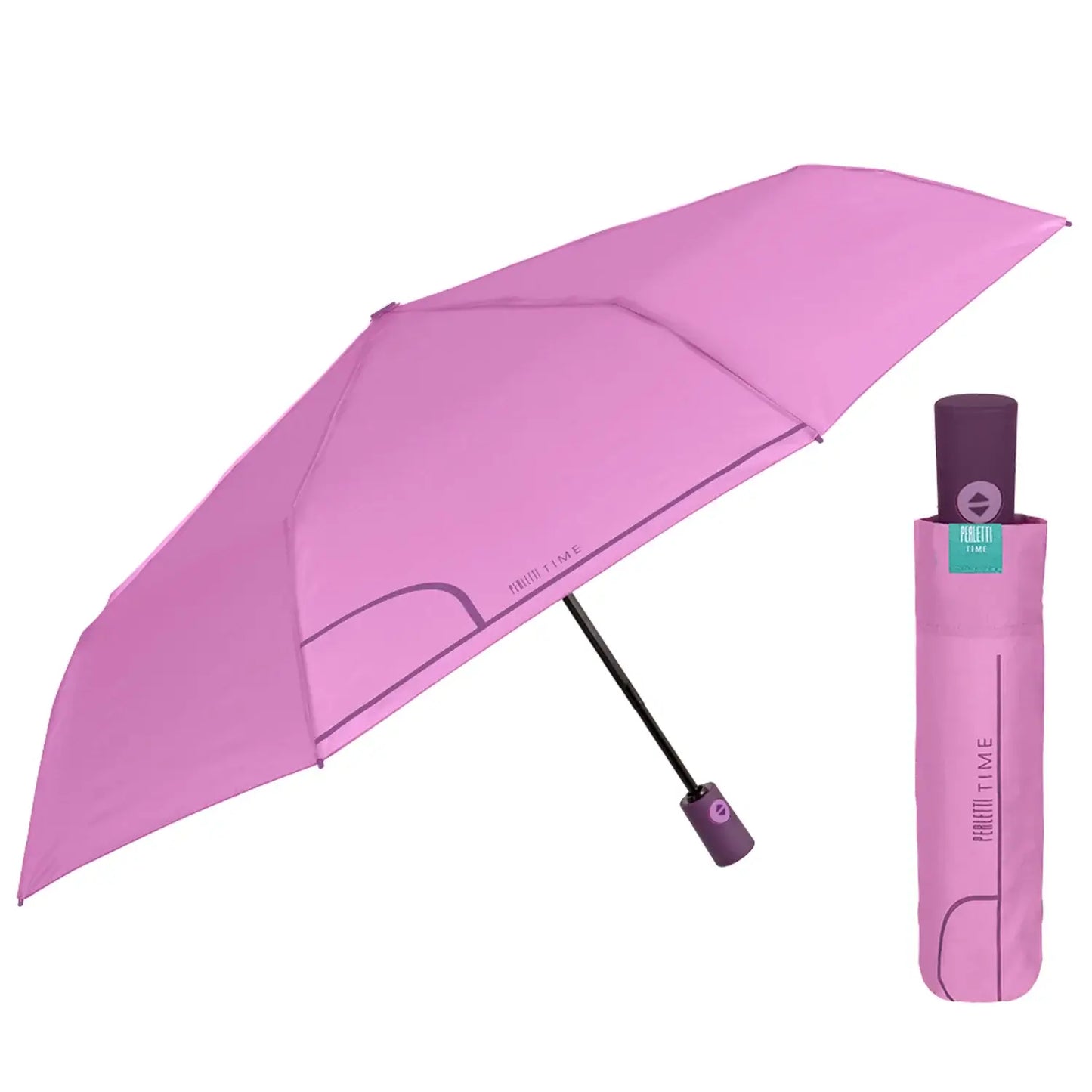 compacte paraplu tiener lila roze Perletti vouwparaplu met hoes opent automatisch zijaanzicht open en dichtgevouwen