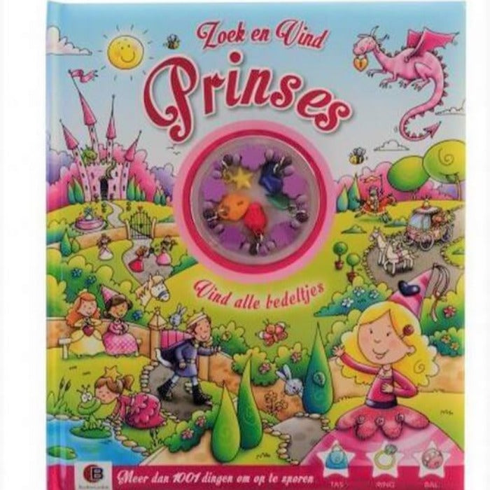Zoekboek Prinses  boekcover prinsen en prinsessen in de kasteeltuin foto van armband met bedels