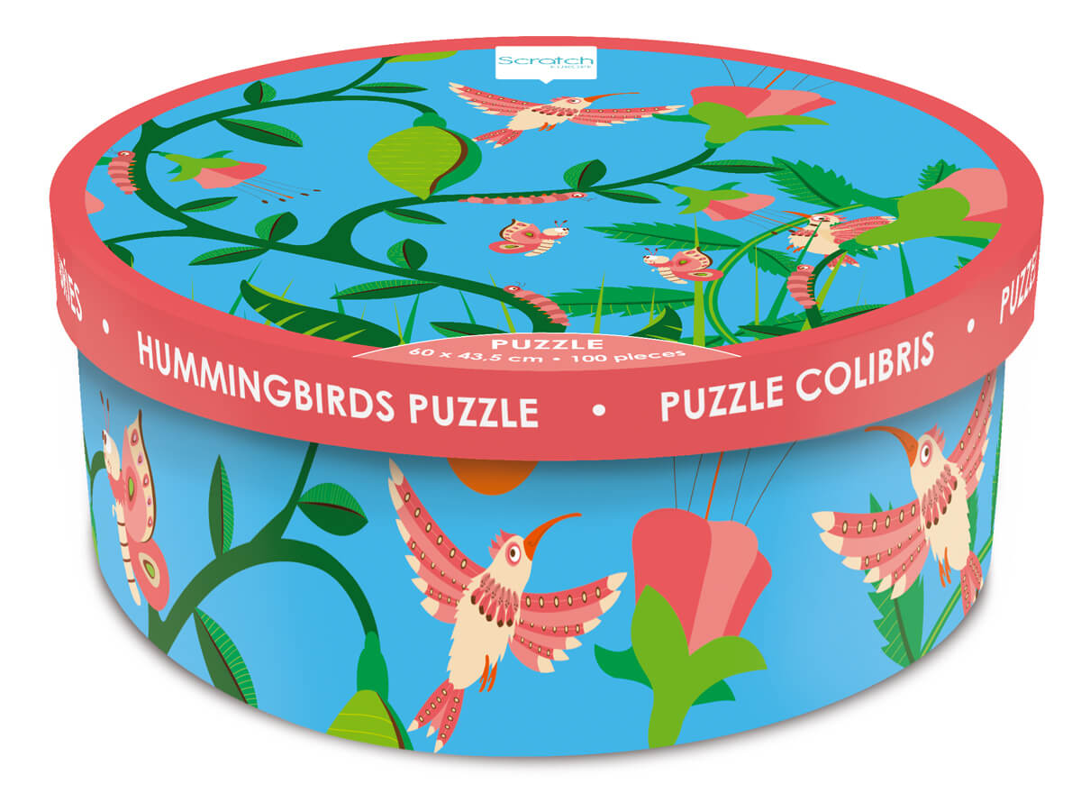 Puzzel meisje 100 stukjes kolibries - Scratch - hummingbirds verpakking ronde doos 
