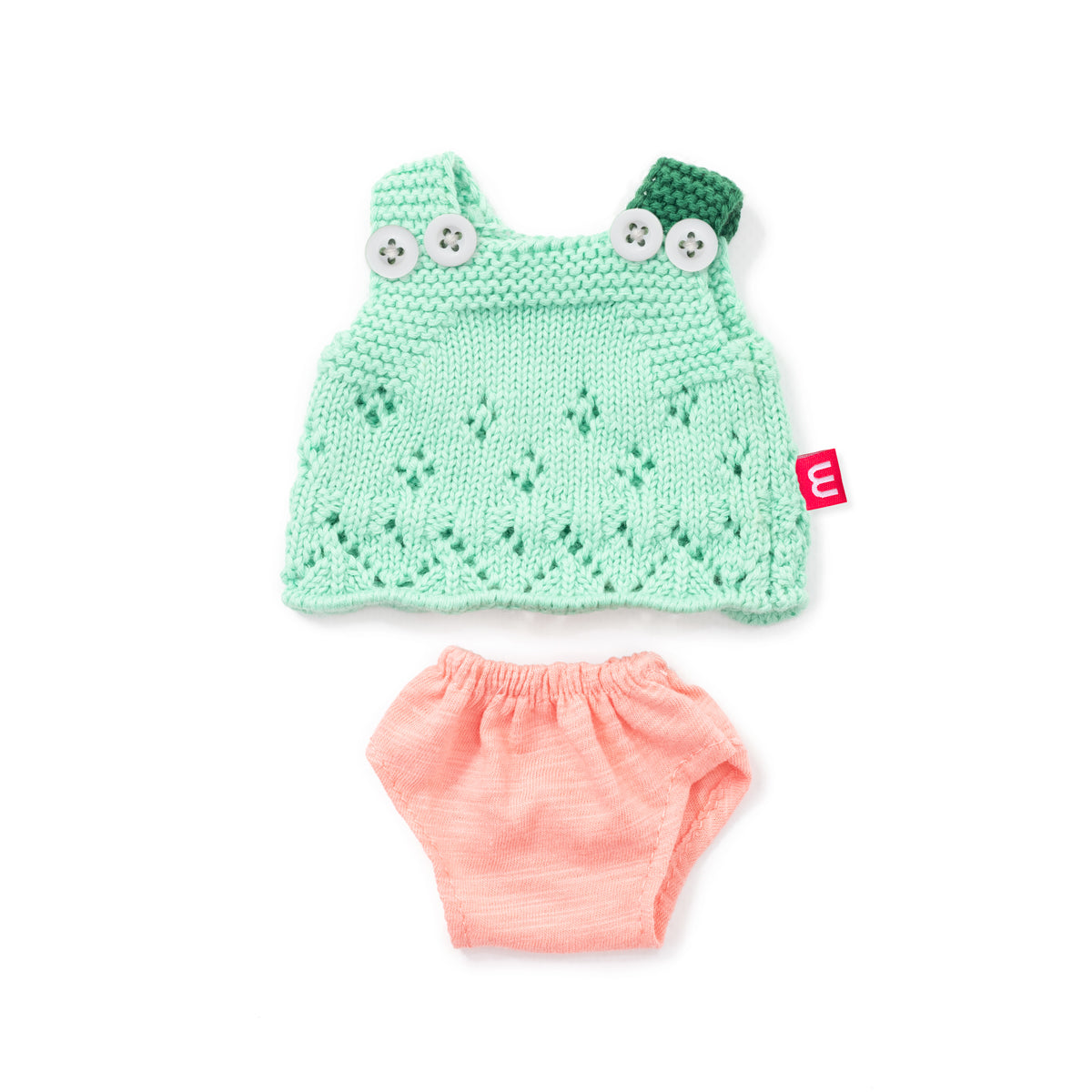 Poppenkleren miniland gehaakt kleedje en broekje Forest 21 cm voorkant groen kleedje en roze broekje