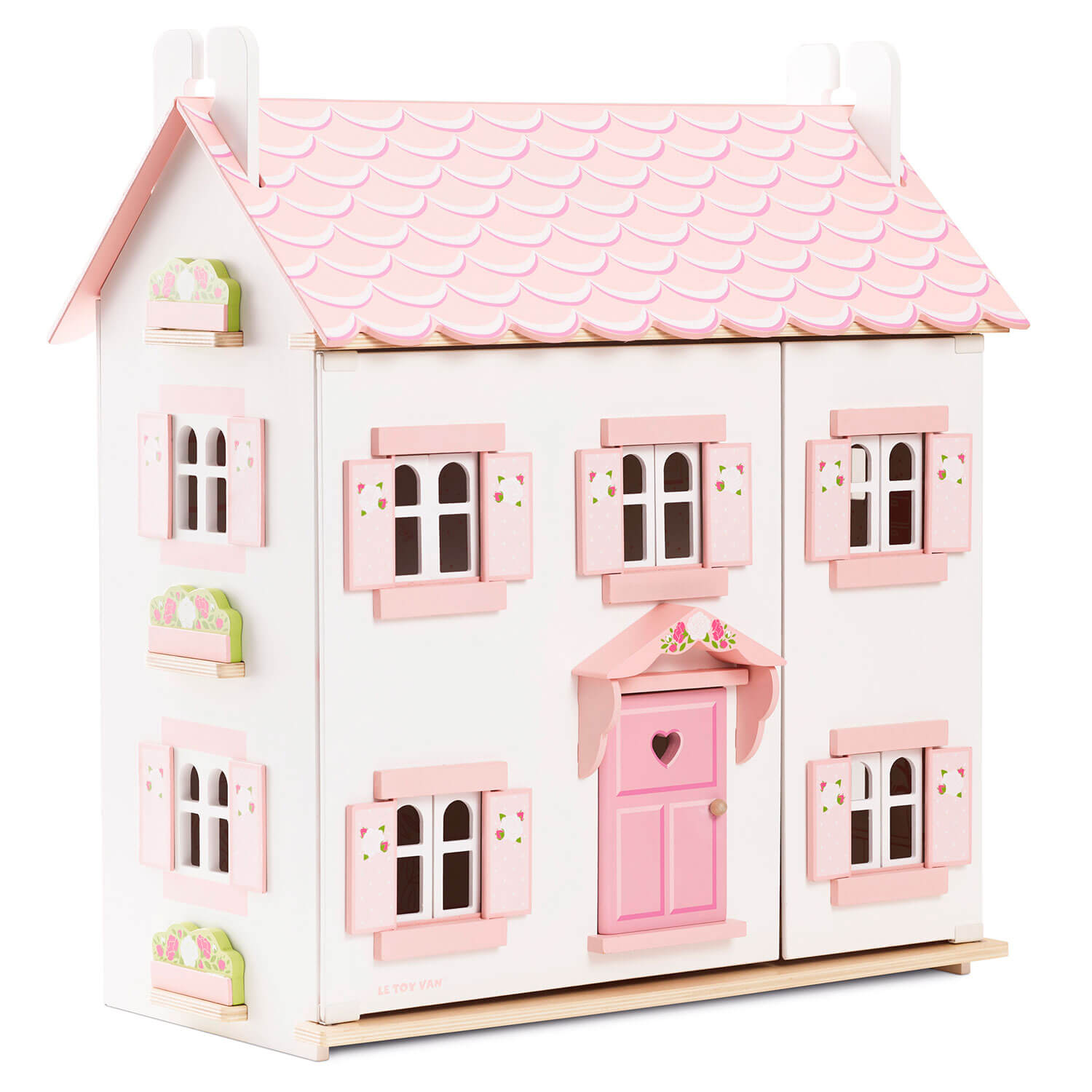 houten poppenhuis wit en roze Le Toy Van sophies doll house draait open roze luikjes vooraanzicht