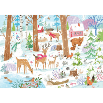Puzzel 'Winter Magic' 60 stukjes - Crocodile Creek - puzzel gemaakt herten rendier en bosdieren in de sneeuw met sneeuwpop en huisje