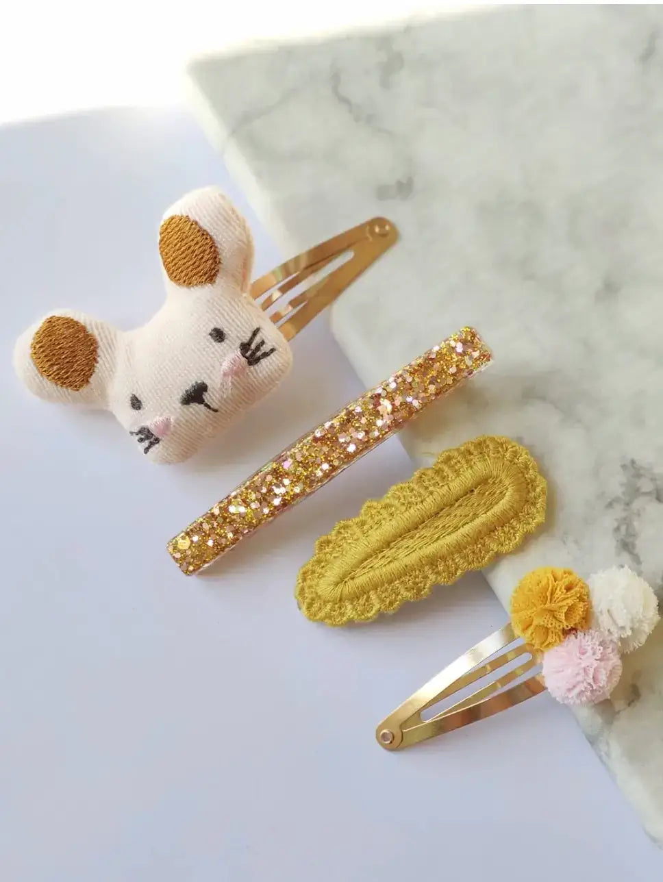 Set van 4 haarspeldjes muisje, ijsje en 2 gouden speldjes voor meisjes van het Belgische merk Gleebee