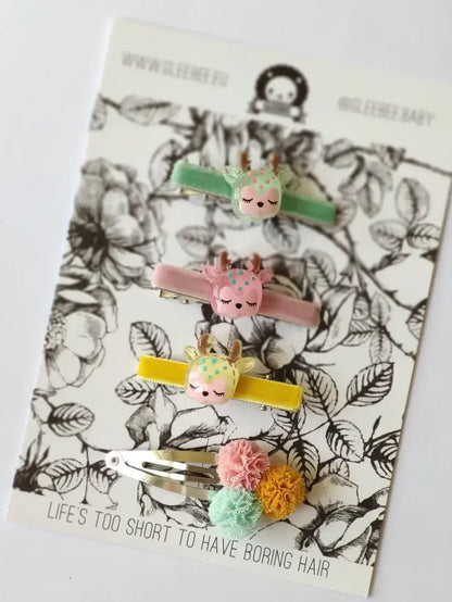 Set van 4 haarspeldjes rendier in 3 kleuren groen, roze en geel en een ijsjeshaarspeldje voor meisjes van het Belgische merk Gleebee