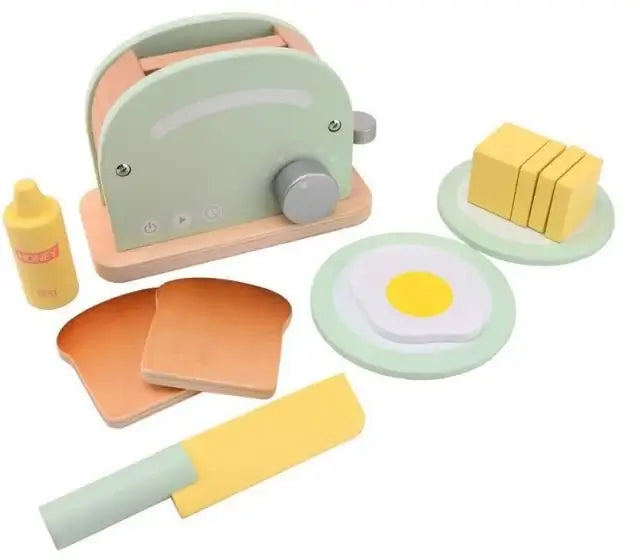 Joueco houten speelgoed broodrooster met toast, ei en boter in hout