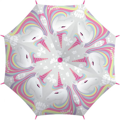 Paraplu eenhoorn unicorn roze zaska bovenaanzicht all over print eenhoorn met gekleurde manen