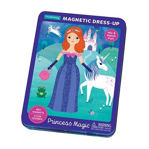 Magnetisch aankleedspel prinsessen 'Princess Magic' - Mudpuppy - metalen doos vooraanzicht prinses  kasteel en eenhoorn
