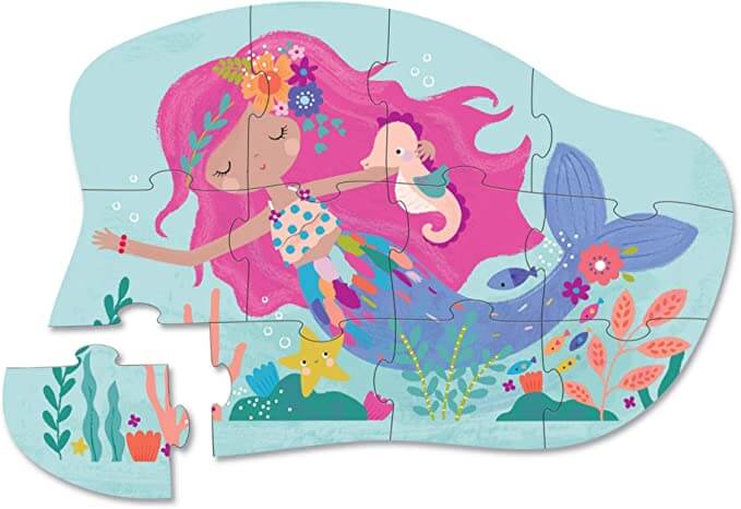 Puzzel kleuter zeemeermin 'Mermaid Dreams' 12 stukjes - Crocodile Creek - puzzel gemaakt zeemeermin met roze haar tussen koraal met zeepaardje