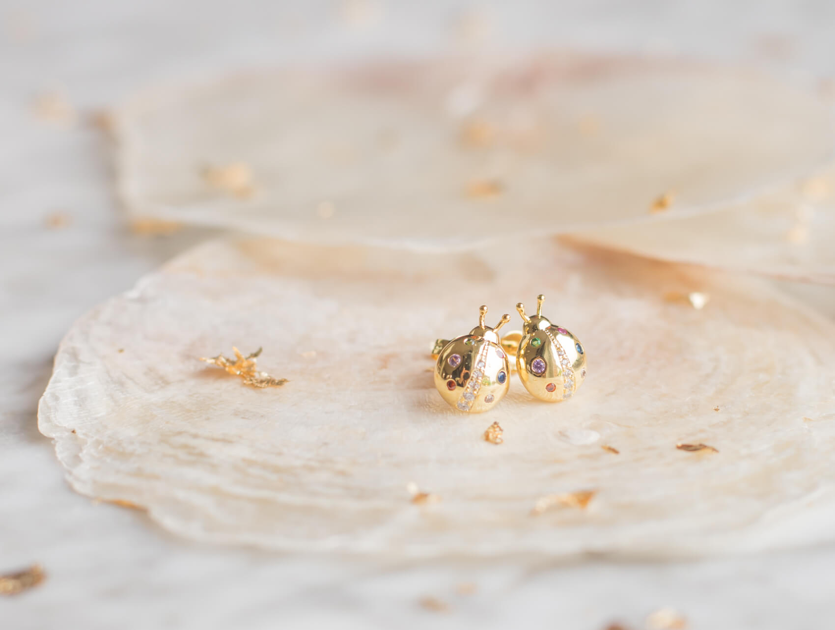 oorstekers Little Lady Bug lieveheersbeestje gold plated 18K oorbellen communie vooraanzicht