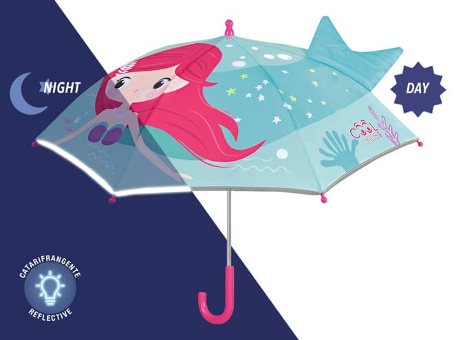 paraplu reflecterend zeemeermin 3d staart zijaanzicht paraplu open met reflecterende strook