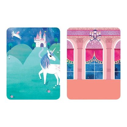 Magnetisch aankleedspel 'Princess Magic' - Mudpuppy - achtergronden kasteeltuin met eenhoorn en balzaal kasteel