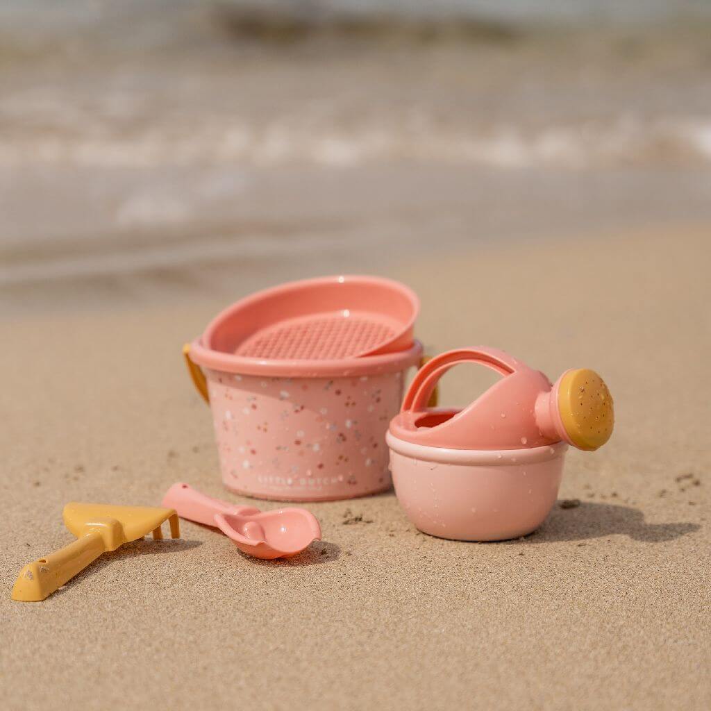 zandspeelgoed kind roze emmer zeef gieter schop hark set strand inhoud