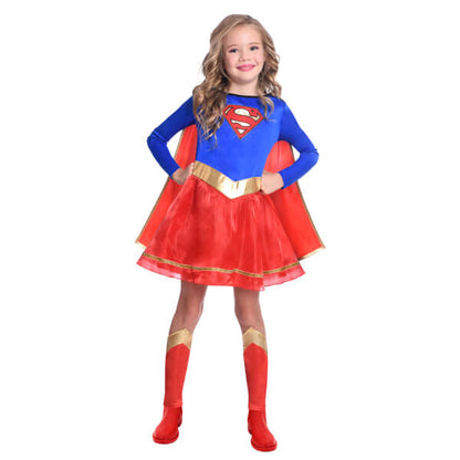 verkleedjurk supergirl rood en blauw meisje met jurk vooraanzicht gouden riem cape beenbeschermers