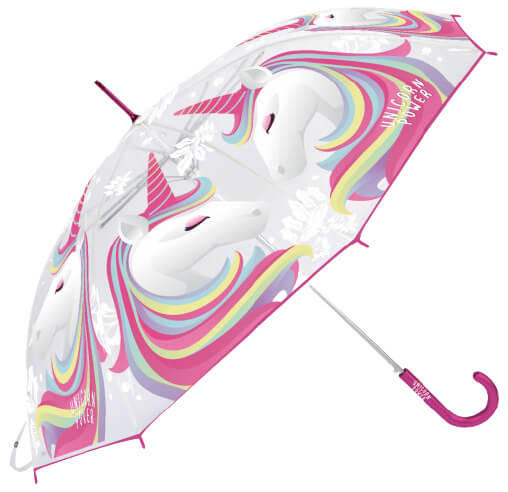 Paraplu eenhoorn unicorn roze zaska zijaanzicht all over print eenhoorn met gekleurde manen
